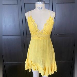 Free People One Adella Yellow Lace Slip Dress